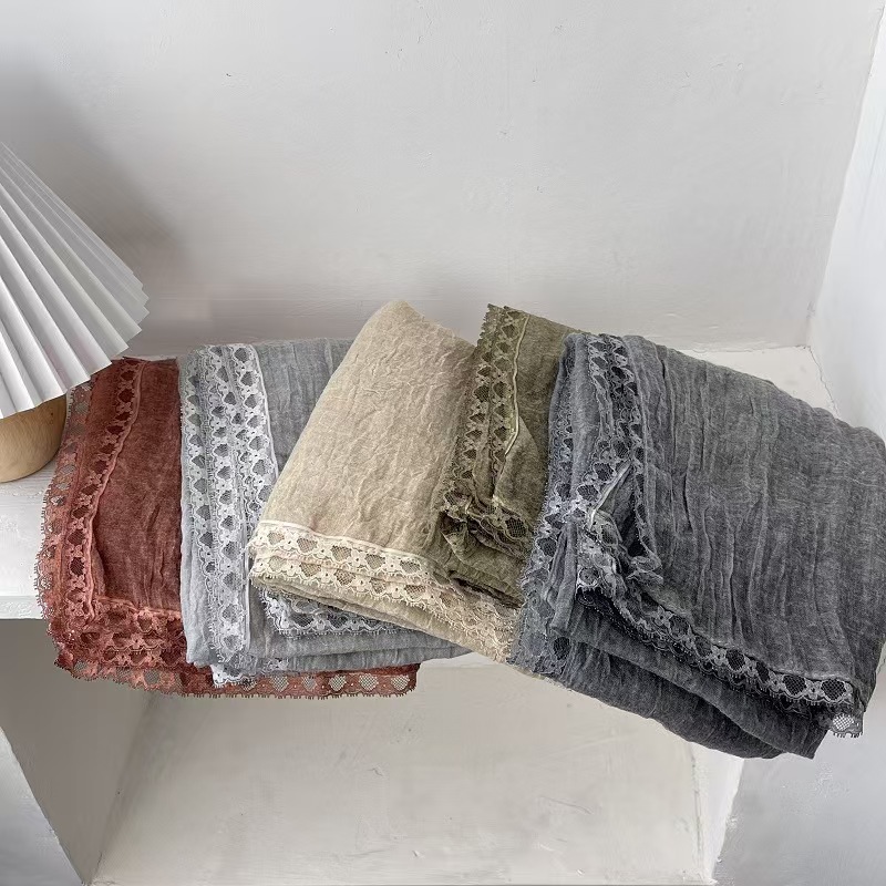 T629 lace edge elegant style cotton and linen scarf spring and autumn literary style with skirt thin shawl pastoral soft gauze scarf