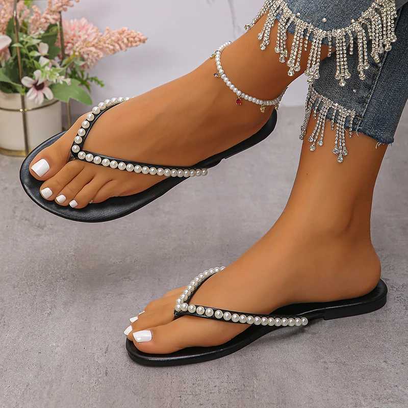 Summer Beach Pearl Decor Flip Flops Women Fi Black Flat Clip Toe Slippers Female Plus Size N Slip Pu Leather Slides Mujer XJ250610