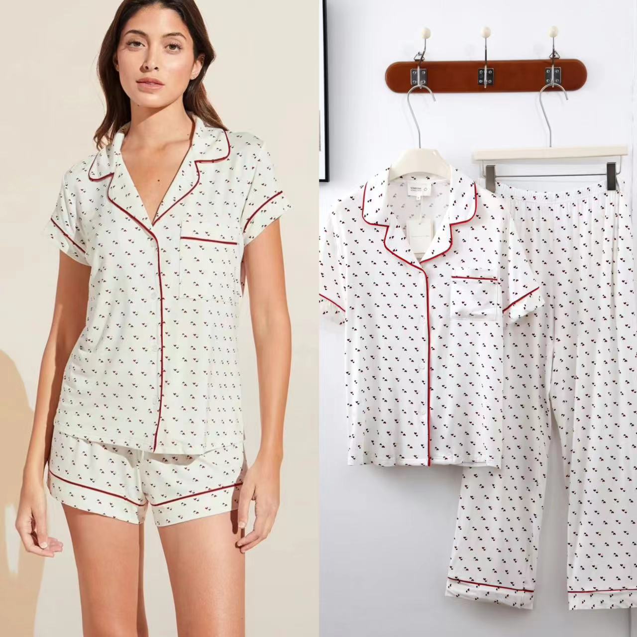 B862-Summer pure color ice silk thread short-sleeved shorts pajamas set princess style lace lace sweet home clothes