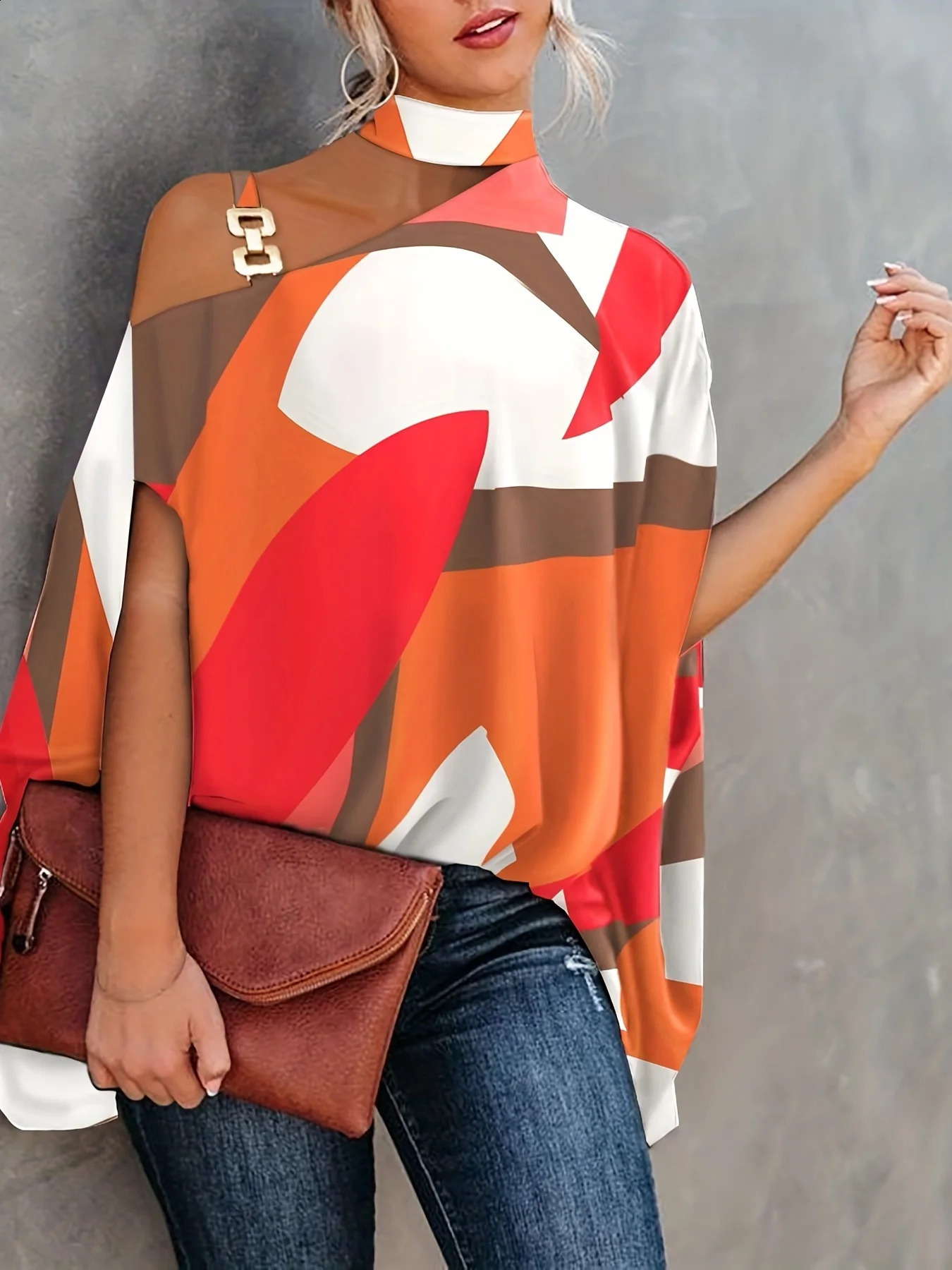 Large size sexy camisole loose shirt top for women elegant printed shoulder batwing sleeve zipper 2023 summer fashion Str 250430Z