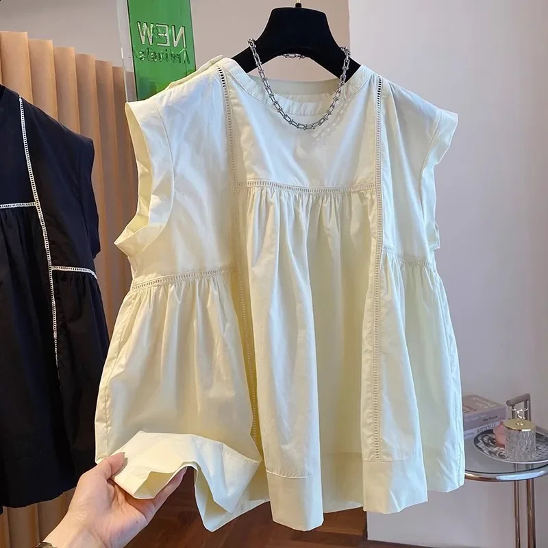 Loose casual sleeveless green shirt womens summer top doll wide collar mudguard line splicing plus size fashionable 250430Z