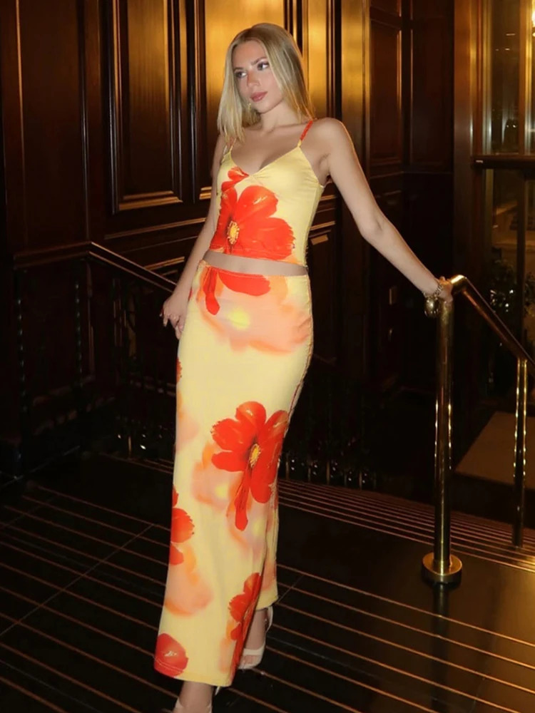 Weird cat tie dye print 2piece set for womens summer Y2K fashion fashionable and elegant Vneck vestMaxi Skirts streetwear 250430e