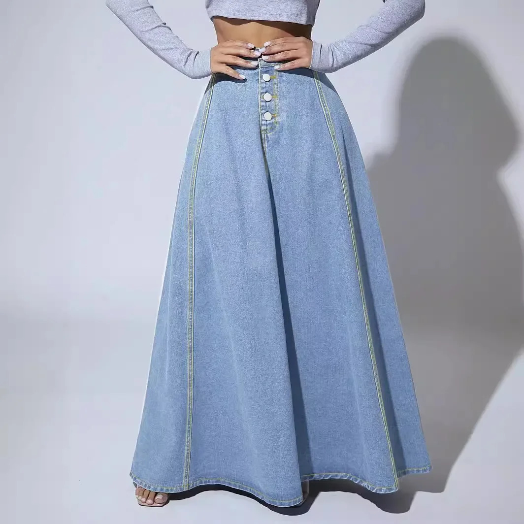 Denim dress womens long A-line single chest high waist jeans retro Maxi simple casual elegant splicing Y2k streetwear 250430