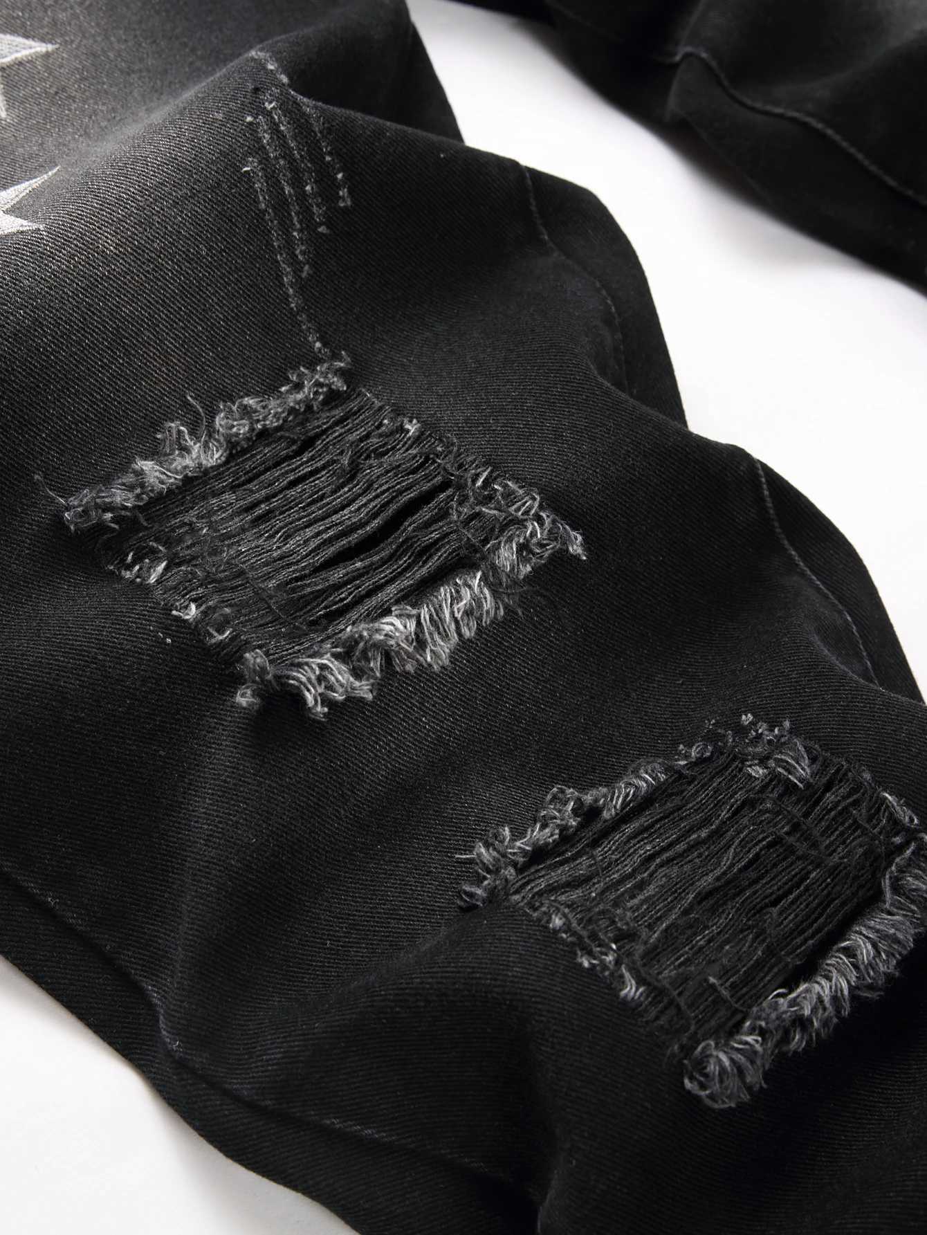 Black Y2K Jeans Mid Rise Straight Leg Man Pants with Silver Star Design Distressed Ripped Denim Clothing Hip Hop Male Streetwear X250812