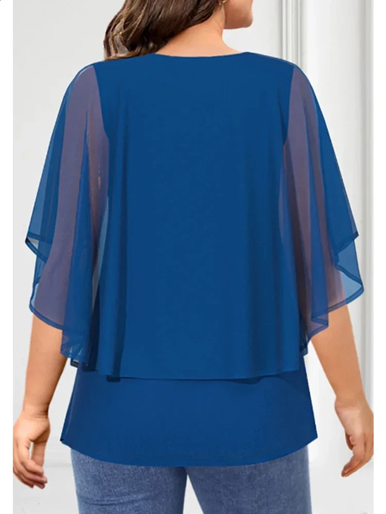 Womens plus size short sleeved Tshirt chiffon Vneck doublelayer loose casual elegant summer top 2024 250430Z