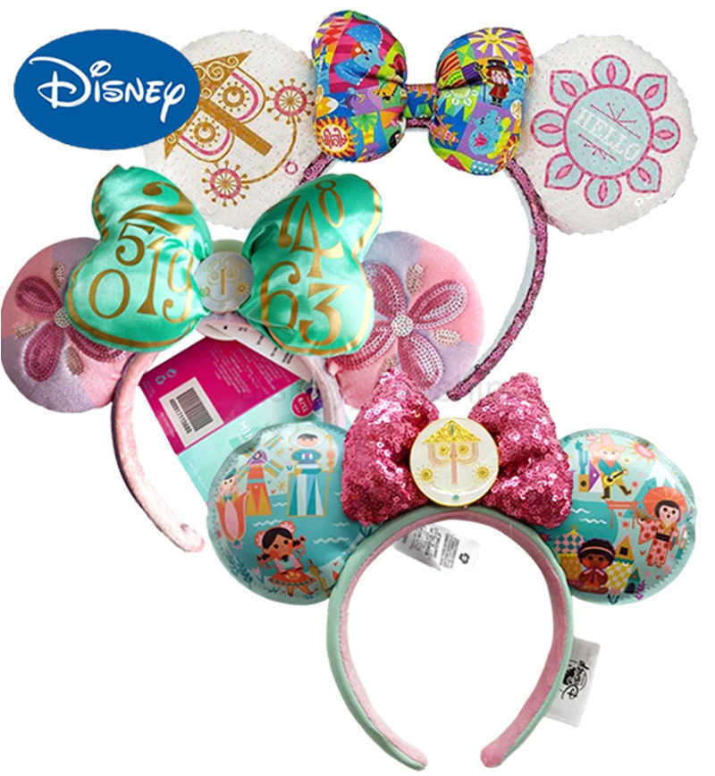 Disney Small World Mickey Mouse Headband Disneyland Minnie Ears HELLO/GOOD BYE Sequins Headwear Children Girl Toys DecorationXJ250504