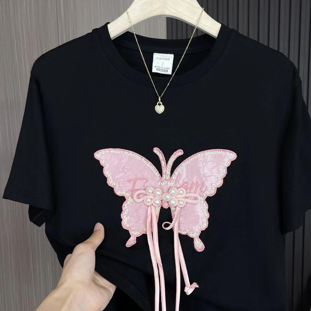 Bamboo butterfly sticker letter embroidery Tshirt for women plus size Chinese sequin bead knot 2024 summer Y2k 250430Z
