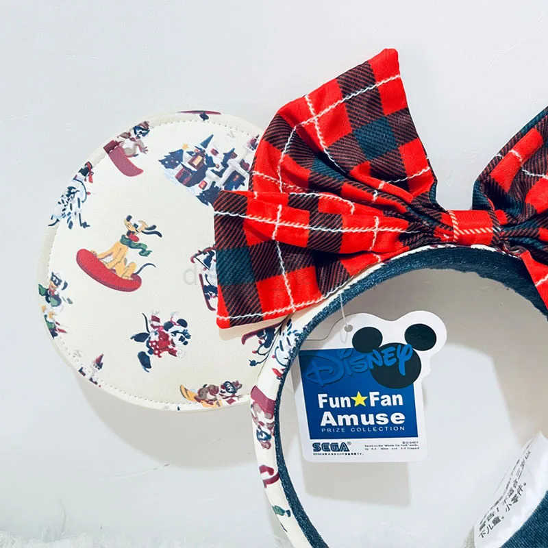 Disney Winter Christmas Headband Cartoon Mickey Pluto PU Leather Ears Adult Bow Headband Minnie Park Accessories HeadbandXJ250504