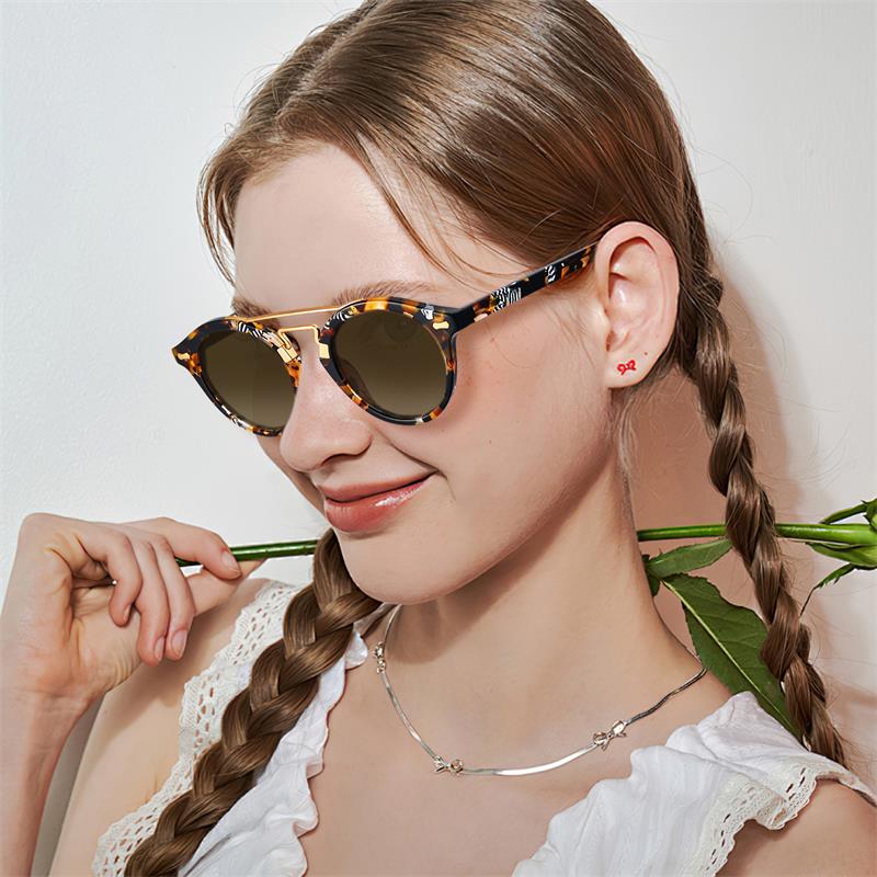 CARFIA Small Face Acetate Double Bridge Sunglasses for Women Polarized UV Protection, Retro Metal Brow Eyewears Round Sunnies