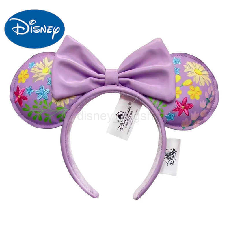 Disney PU leather Mickey Mouse ear headband Disney theme park embroidery flower light purple Minnie ear headband girls giftXJ250504