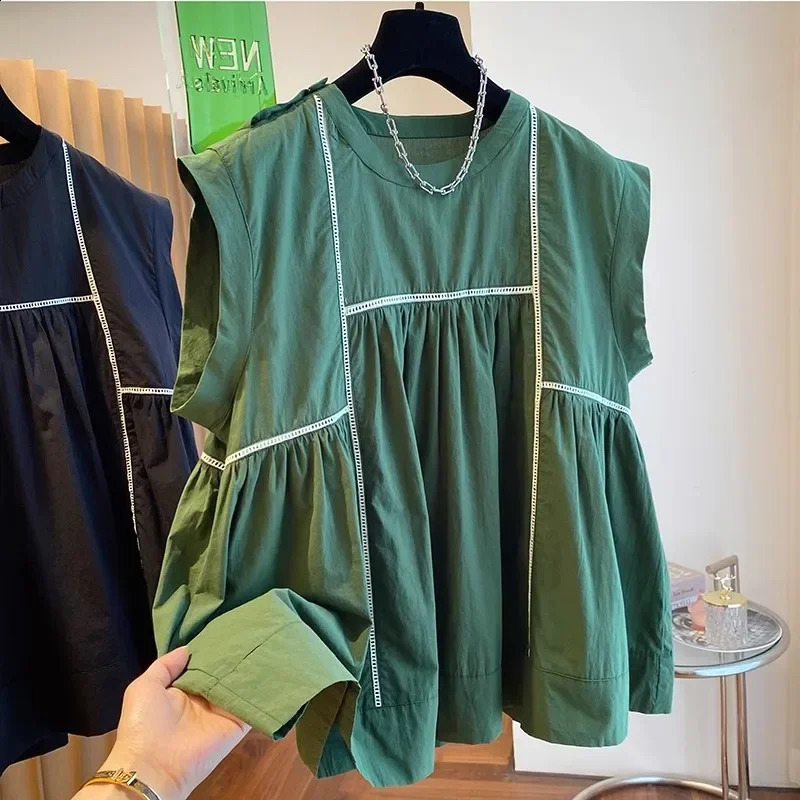Loose casual sleeveless green shirt womens summer top doll wide collar mudguard line splicing plus size fashionable 250430Z