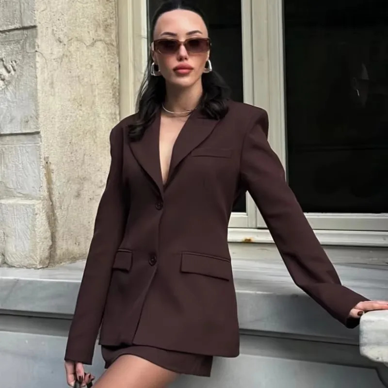 Elegant sportswear womens fashionable office womens brown suit jacket spring shoulder pad pleated waist set single chest sportswear 250427