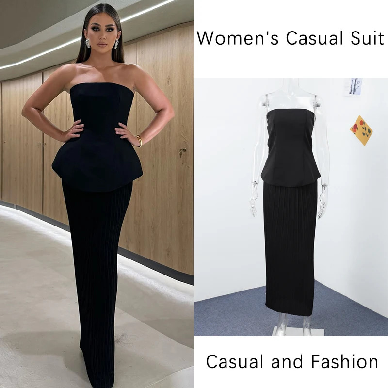 Ultra thin strapless top set for womens elegant sleeveless high waisted pleated dress 2025 spring solid 250430e