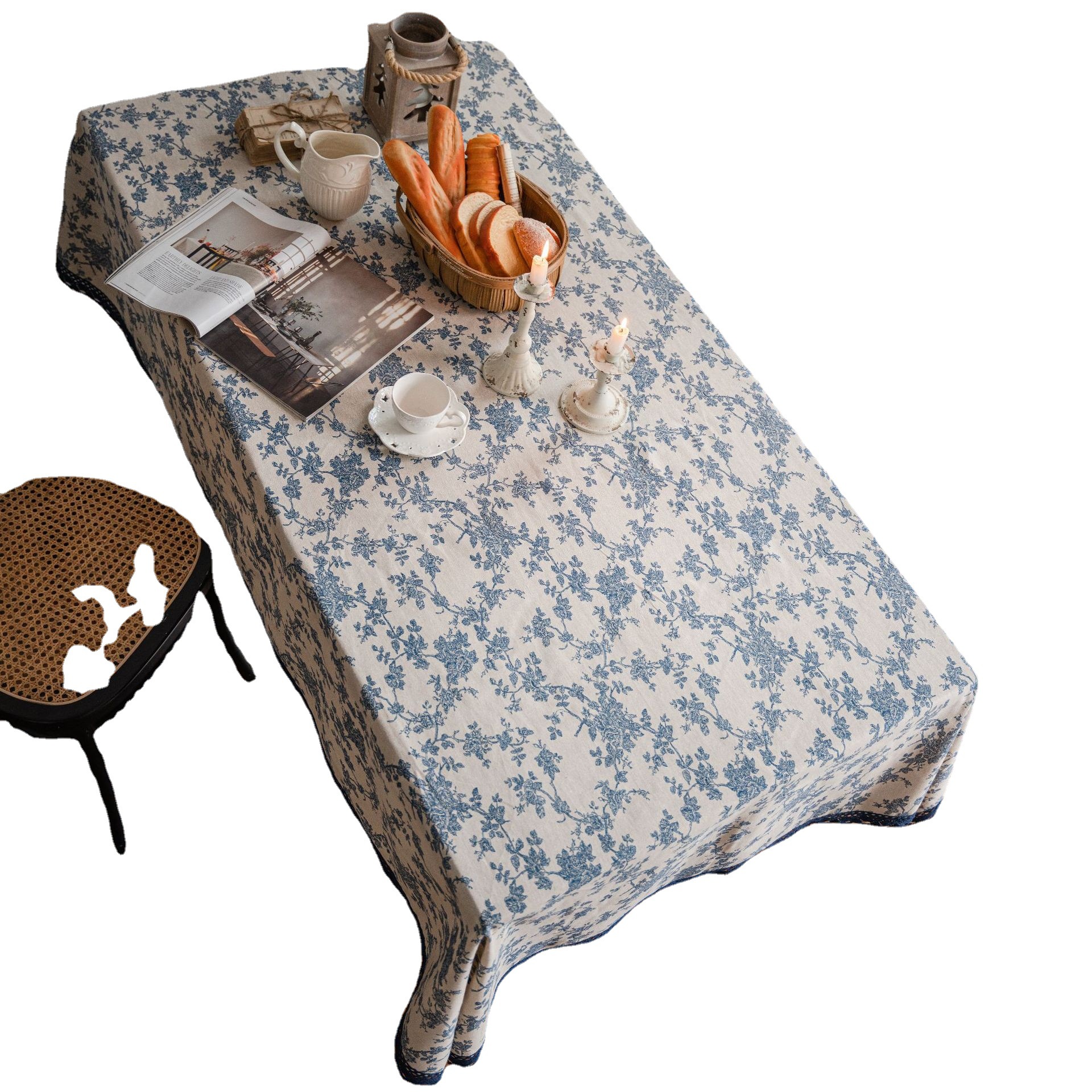T0448 blue rose print pastoral cotton and linen tablecloth tablecloth wholesale home cover lace