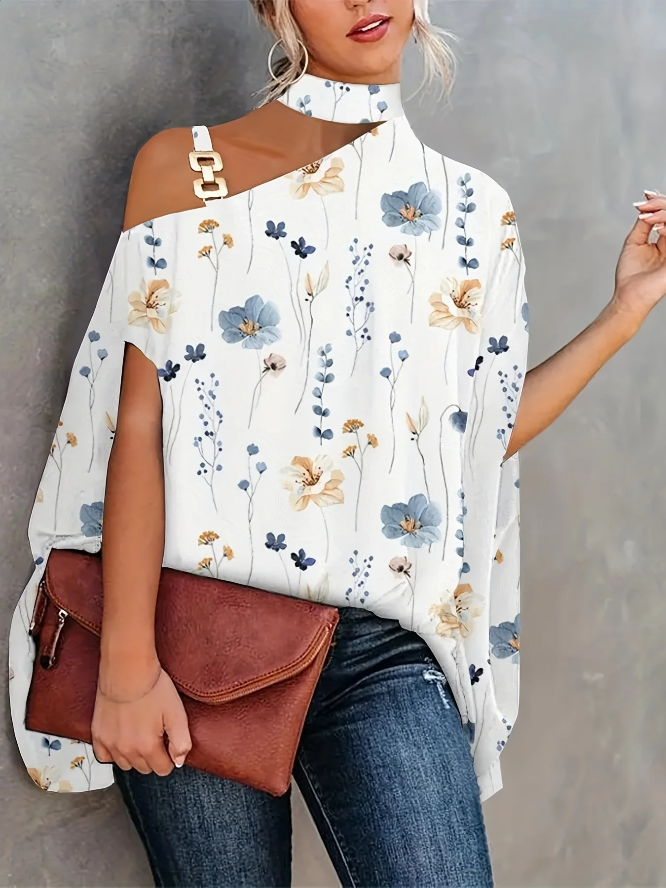 Large size sexy camisole loose shirt top for women elegant printed shoulder batwing sleeve zipper 2023 summer fashion Str 250430Z