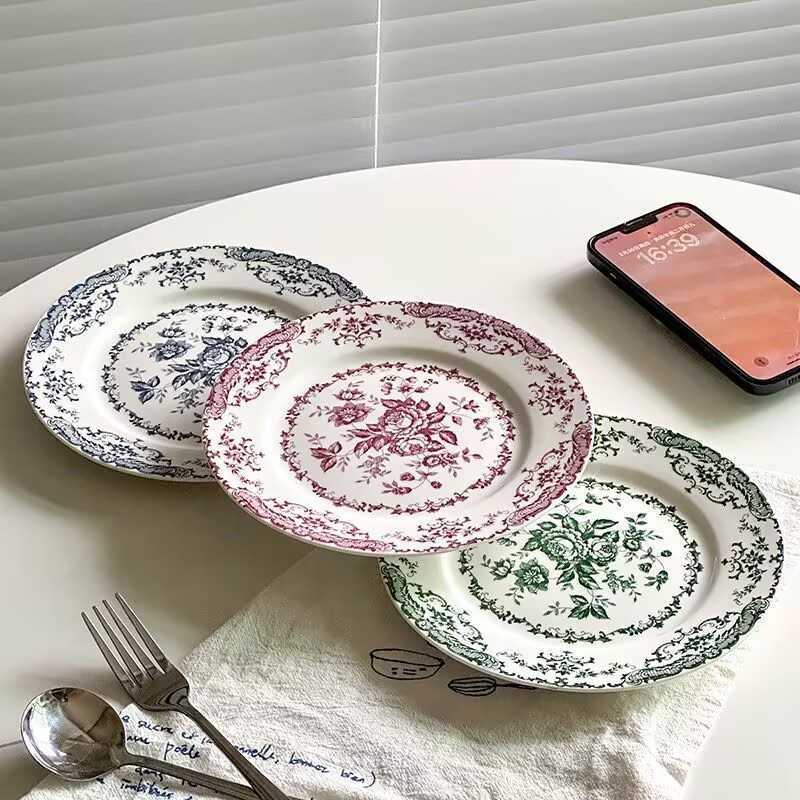 French-style rose ceramic dinner plates for home use, serving plates with classical printed patterns and enamel glaze, pasta salad dishesC241209
