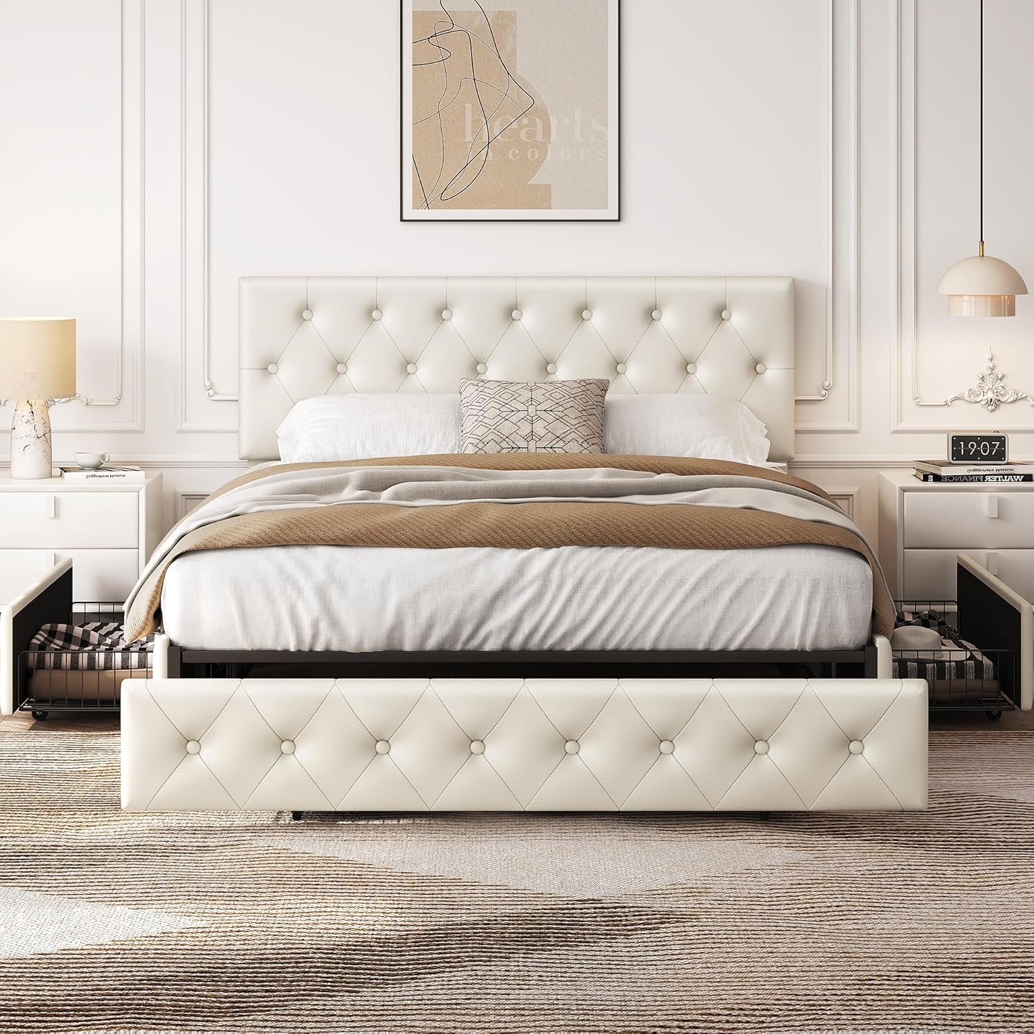 Queen Bed Frame Bed Frame with Adjustable Diamond Button-Tufted Headboard/3 Drawers Storage Queen Platform Bed/Strong Slats Black Queen Bed