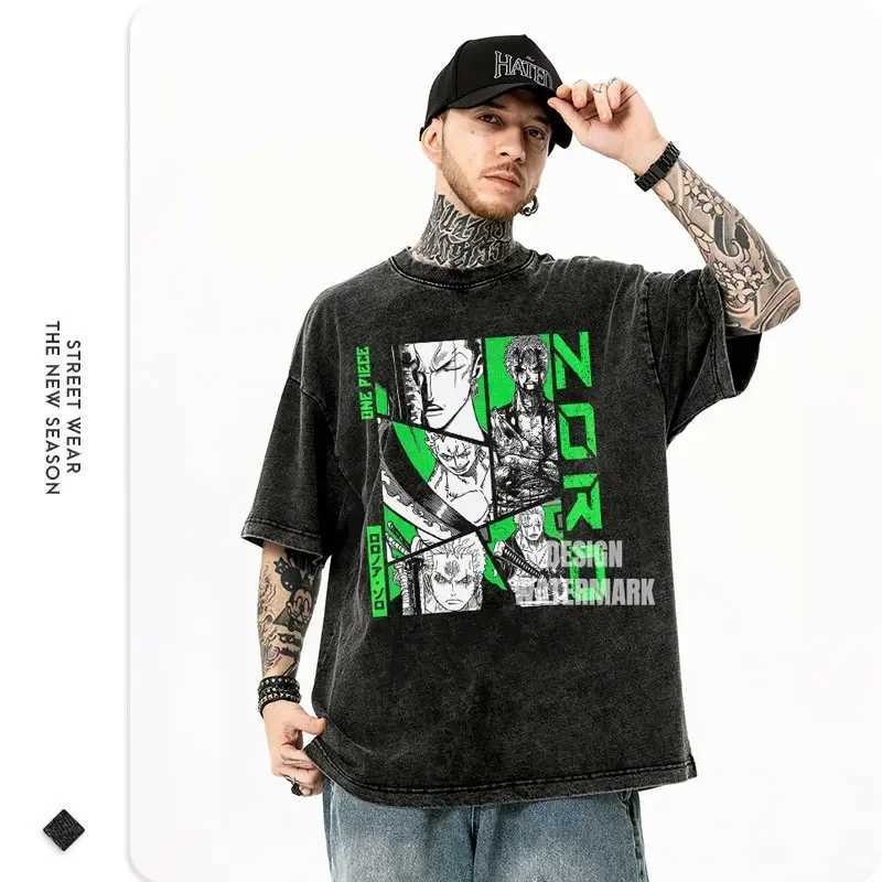 Bilibili Roronoa Zoro Retro T-shirt Washing Anime One Piece P T-shirt T-shirt Oversized L-Luffy Comic Top Ts 100% Cotton X250504