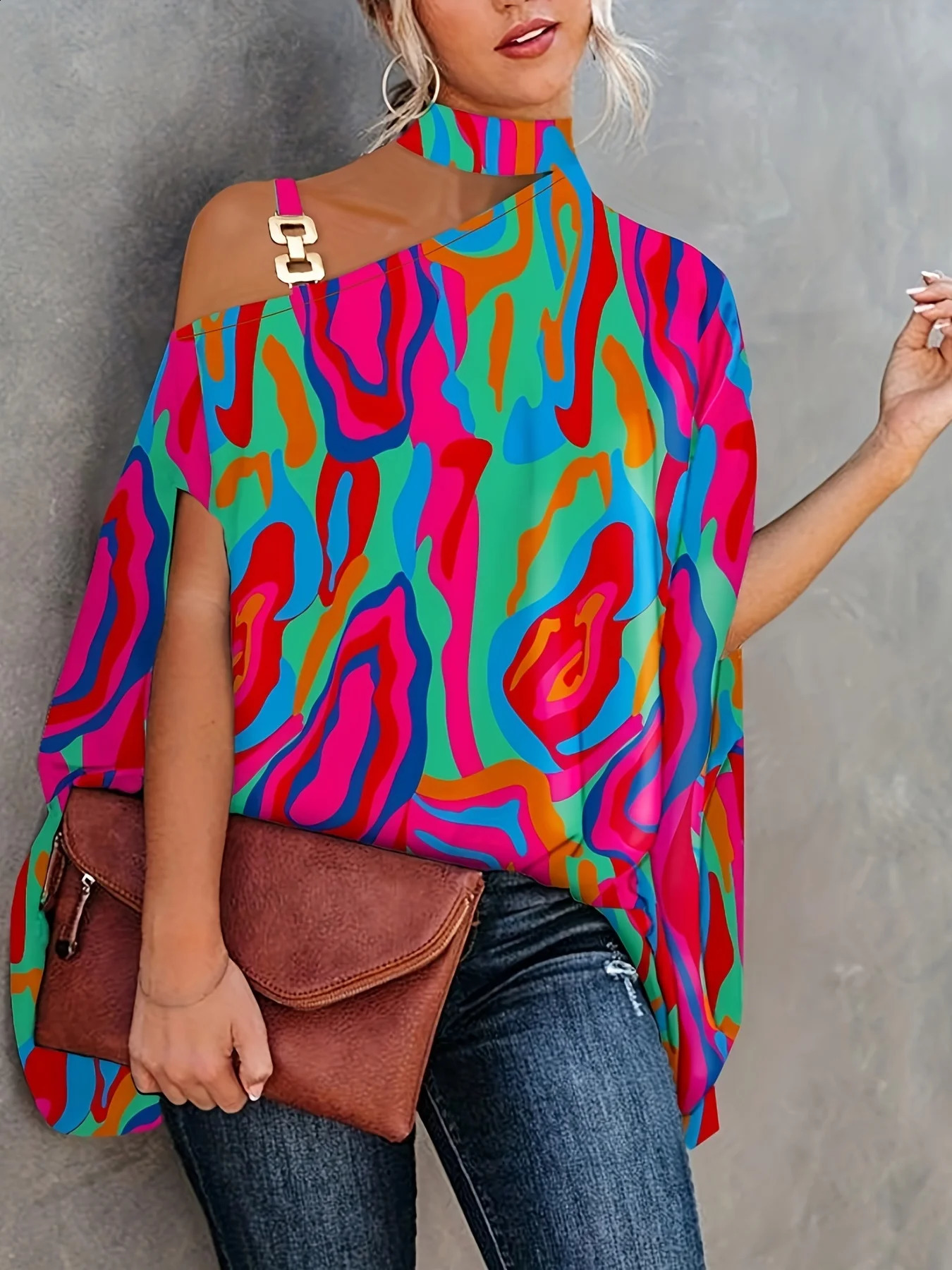 Large size sexy camisole loose shirt top for women elegant printed shoulder batwing sleeve zipper 2023 summer fashion Str 250430Z