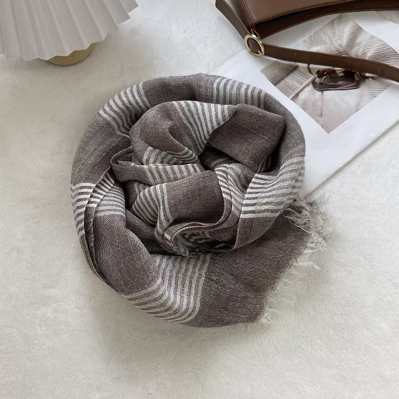 T628 linen scarf women's spring and summer black and white striped scarf plain literary cotton and linen scarf summer ultra-thin