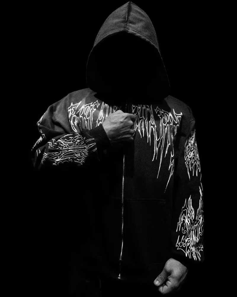 Gothic Punk Harajuku Y2K Streetwear Jacket American Retro Printed Zipper Hoodie Men Trendy Brand Casual Oversized Sweatshirt X250504
