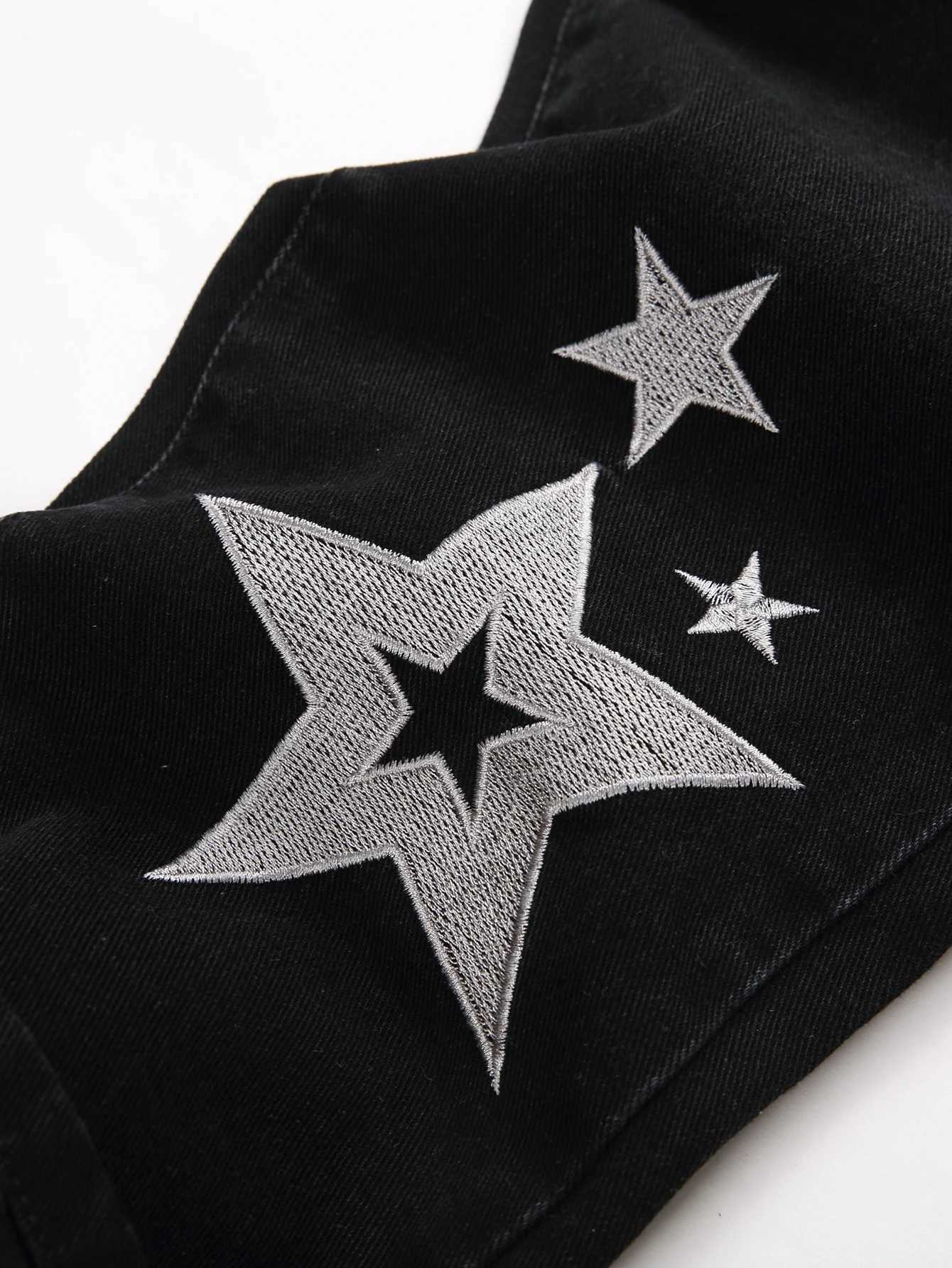 Black Y2K Jeans Mid Rise Straight Leg Man Pants with Silver Star Design Distressed Ripped Denim Clothing Hip Hop Male Streetwear X250812