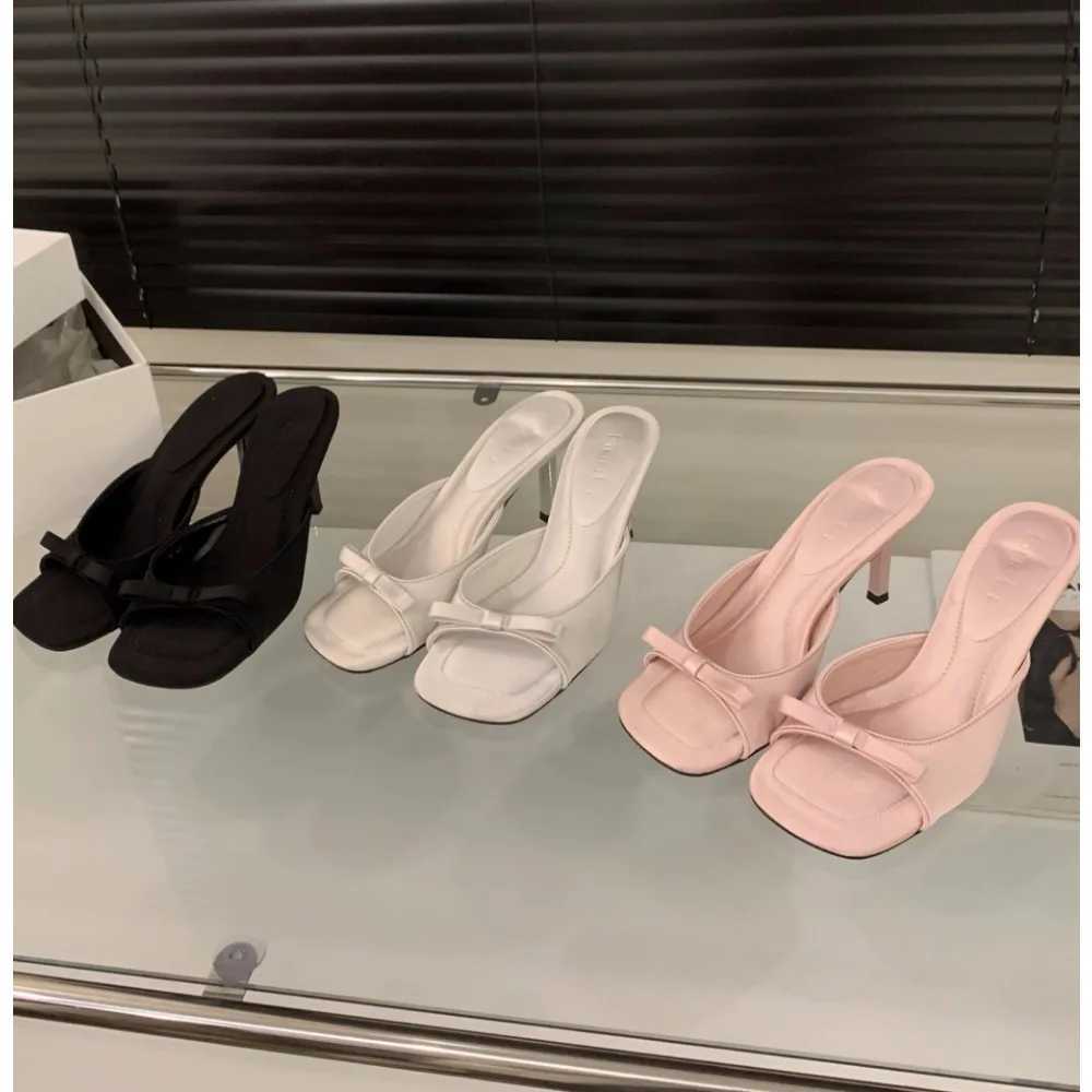 New Womens Slipper Mules Low Heels Summer B Street Appearance Womens Square Head Open Toe Bow Strap SandalsXJ250504