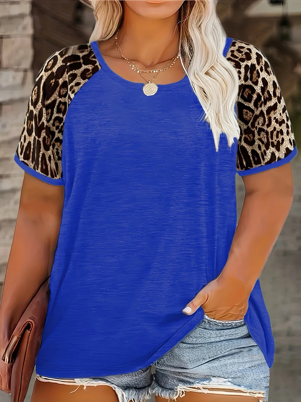 Womens casual leopard print color block round neck Tshirt fashionable short sleeved top 250430Z