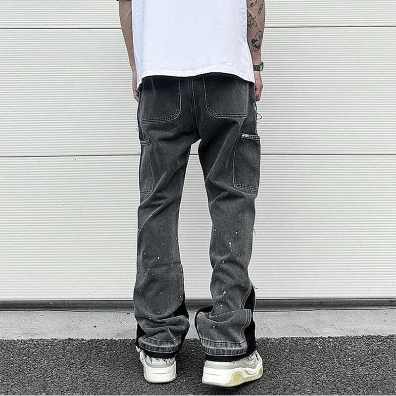 2024 Graffiti Black Flared Jeans Men Vintage Hip Hop Patches Splashed Ink Wide Leg Jeans Y2k Streetwear Baggy Washed Denim Pants X250812