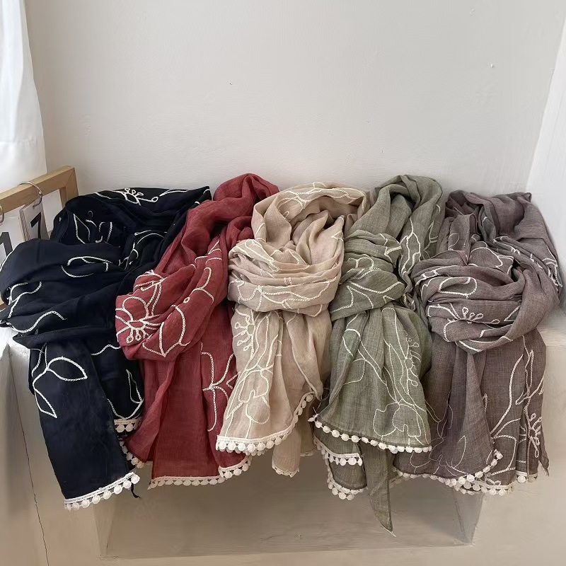 T624 cotton and linen feel scarf for women spring and autumn all-match literary temperament solid color embroidery lace gauze scarf long shawl thin si