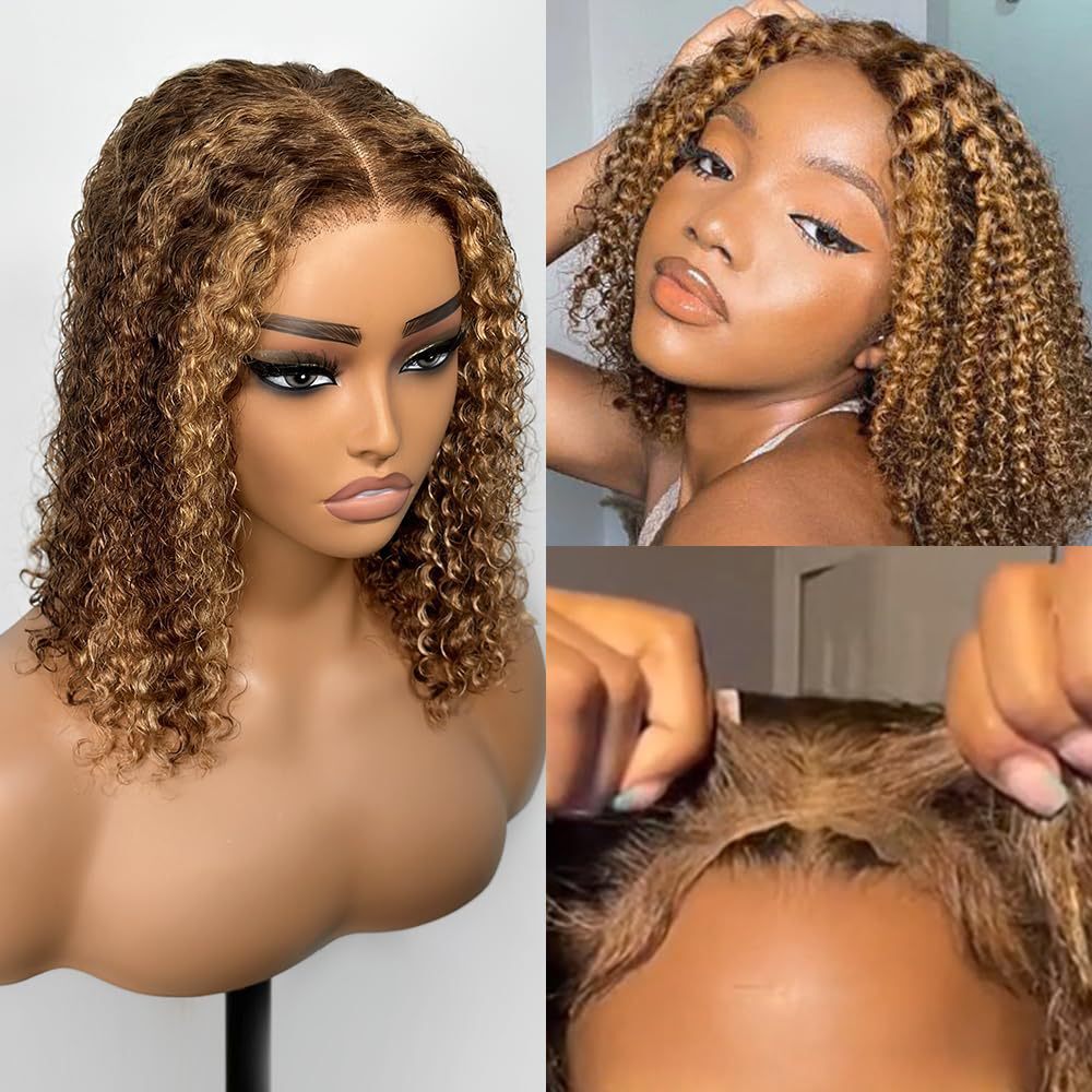 Wig New Womens Front Lace Wig Piano Color Medium Split Short Curly Hair Small Curl
