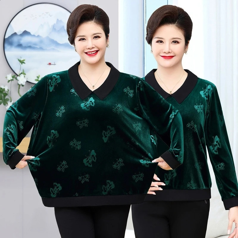 Plus size long sleeved Tshirt for womens clothing spring and autumn casual big embossed gold velvet bottom 250430Z