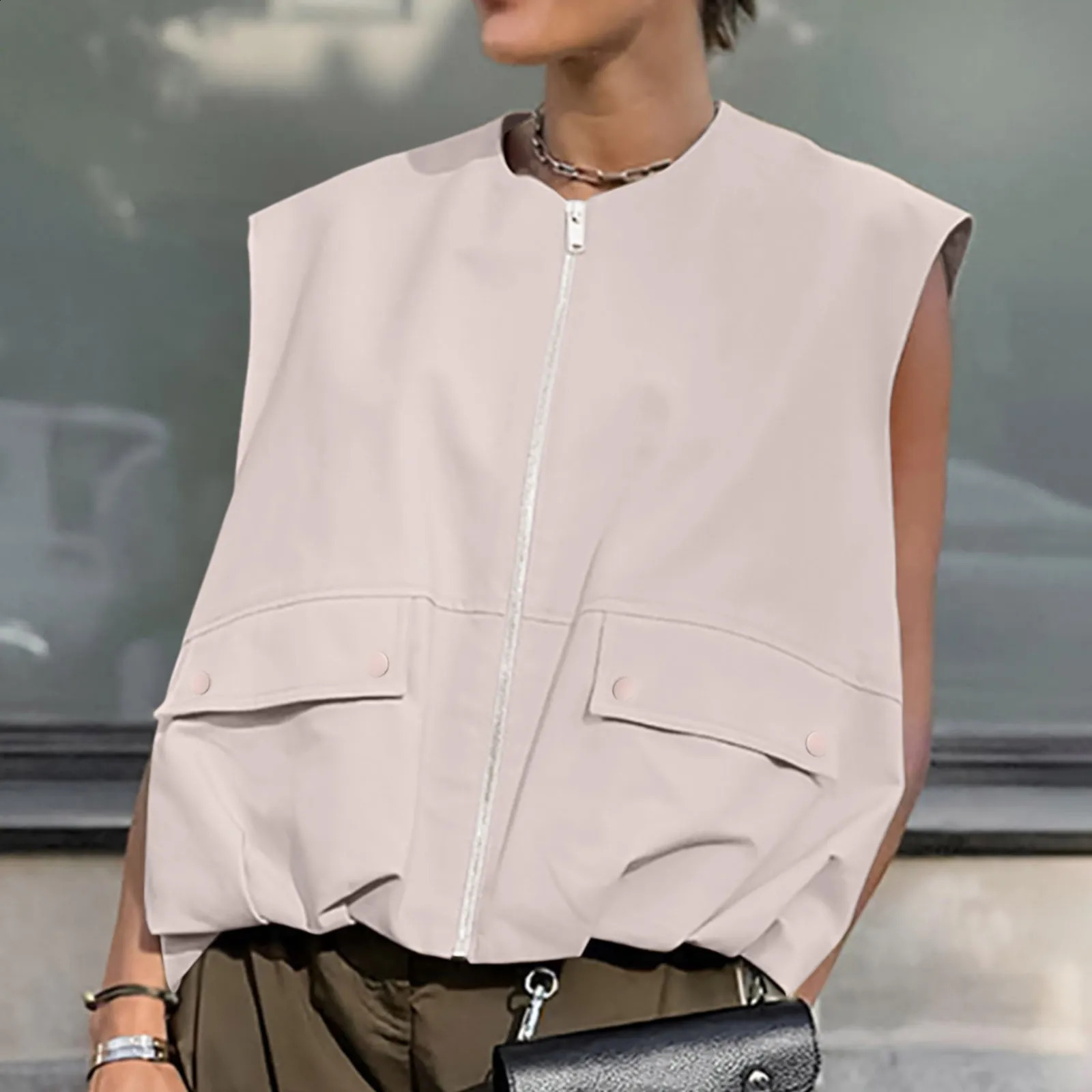 Womens cutting vest fashion Oneck zipper womens sleeveless loose Coats chic top summer street clothing 250430Z