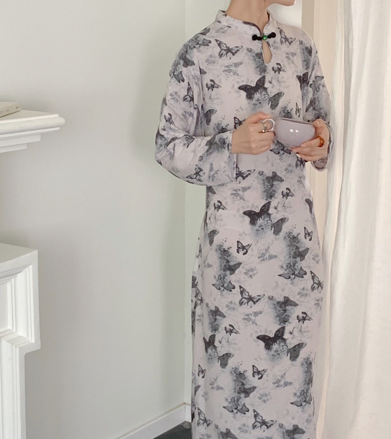 G8135 Retro long-sleeved new Chinese green national style artificial cotton improved cheongsam skirt