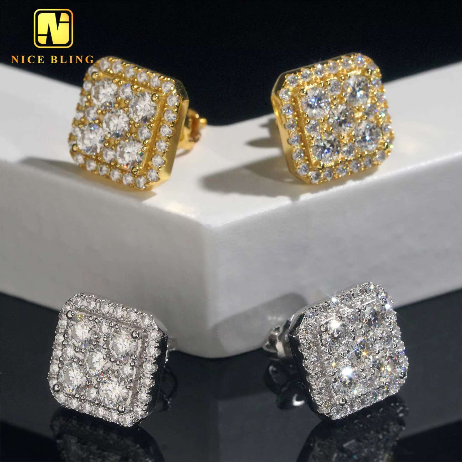 Square Shape Moissanite Diamond Earrings Hip Hop Silver Jewelry S925 Diamond Studs for Men Women With GRA Certificate