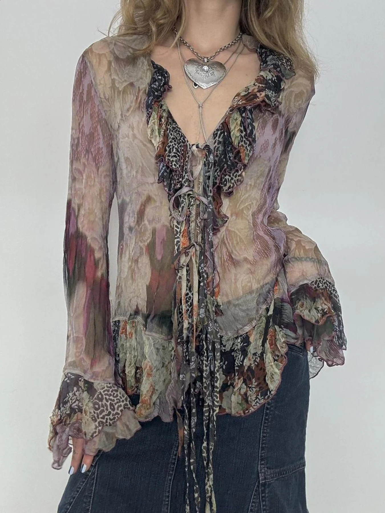 Vintage Floral Print Ruffles Mesh Shirts Women See Through Sexy Ruffle Sleeve Open Stitch Lace-Up Aesthetic Clothes 250428