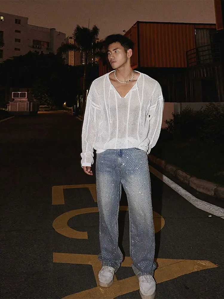 mens waisted sparkling rhinestone denim jeans fashionable straight leg pants Z250505