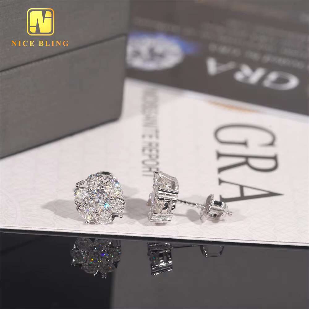 Bling Fine Jewelry Stone Sterling Sier Moissanite Stud Big Flower Earrings