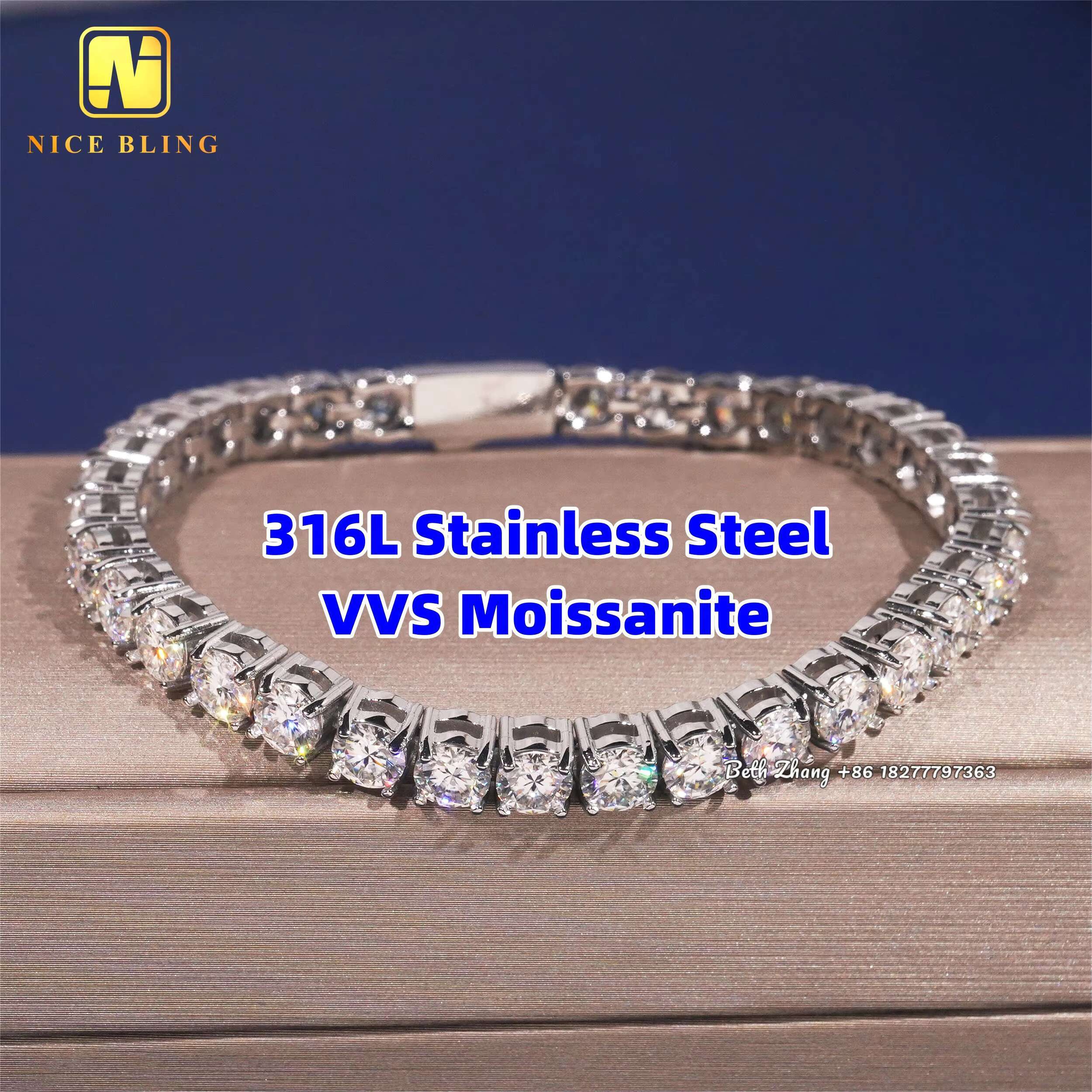 4MM 5MM Durable 316L Stainless Steel Moissanite DIamond Tennis Chain Necklaces Bracelets Waterproof Hip Hop Chains for Men Women