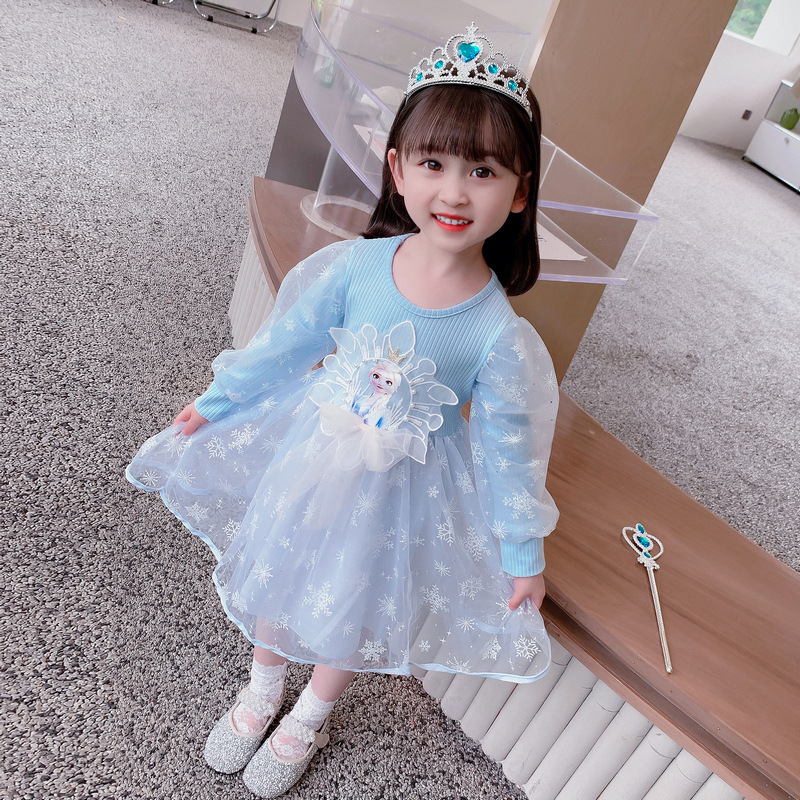 DISNEY Frozen Princess Elsa dress kids designer clothes Princess Girls' Autumn Long Sleeve Girls' Net Satin clothes