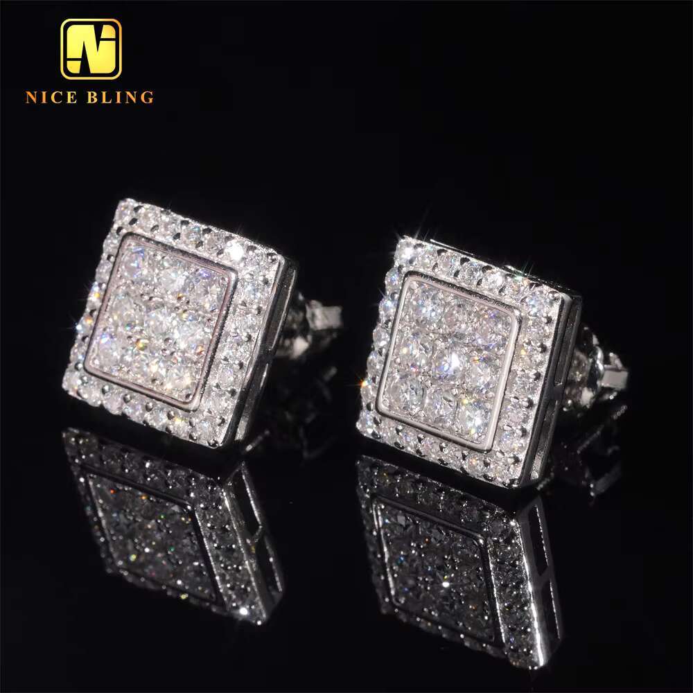 Wholesale Price GRA Certificates 925 Silver Hip Hop Ear Stud Square Shape VVS Moissanite Stud Earrings