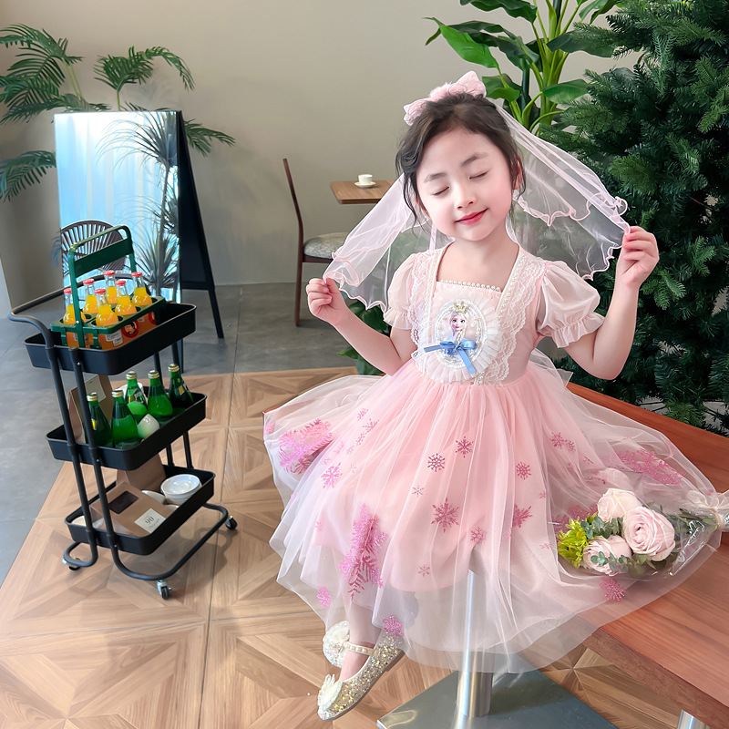 DISNEY Frozen Elsa Princess Baby Short Skirt Baby Chiffon Short Sleeve Dress Children's Party Dress Princess Dress