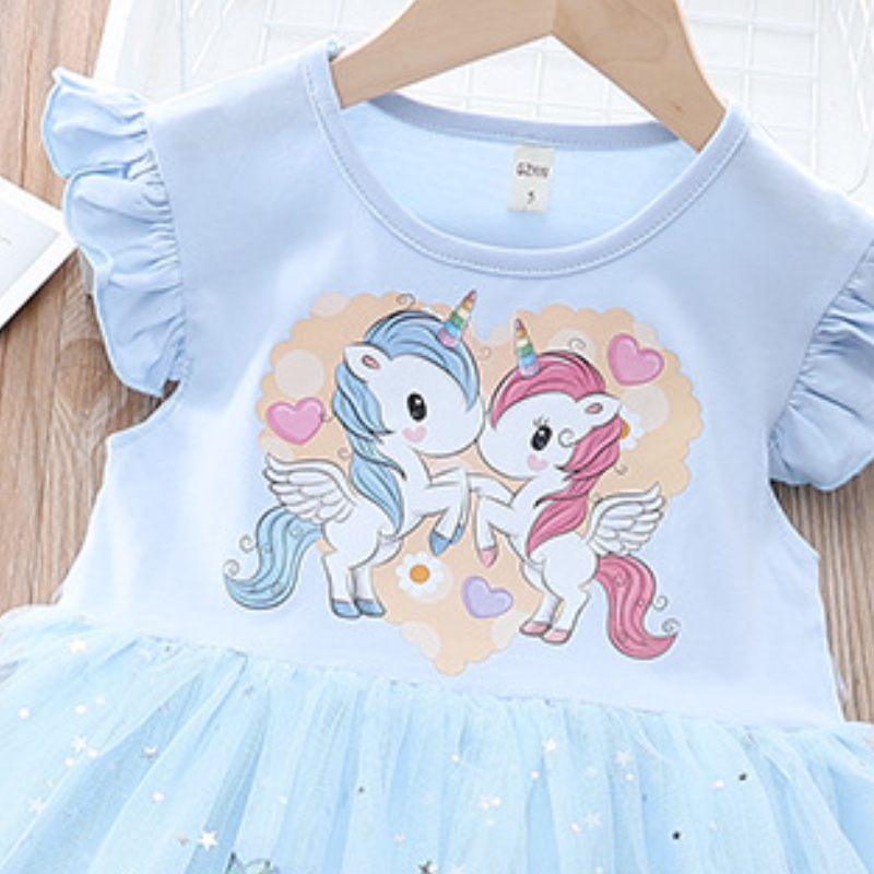 DISNEY Frozen kids designer clothes Short-sleeved summer children's cartoon princess dress with unicorn mesh dress