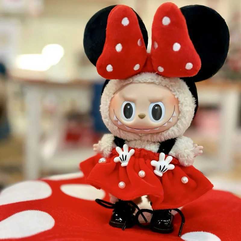 17cm Original Labubu V1 V2 Vinyl Doll Handmade Clothing Polka Dot Dress Set Bow Head Wearing Curve Gift Free shipping