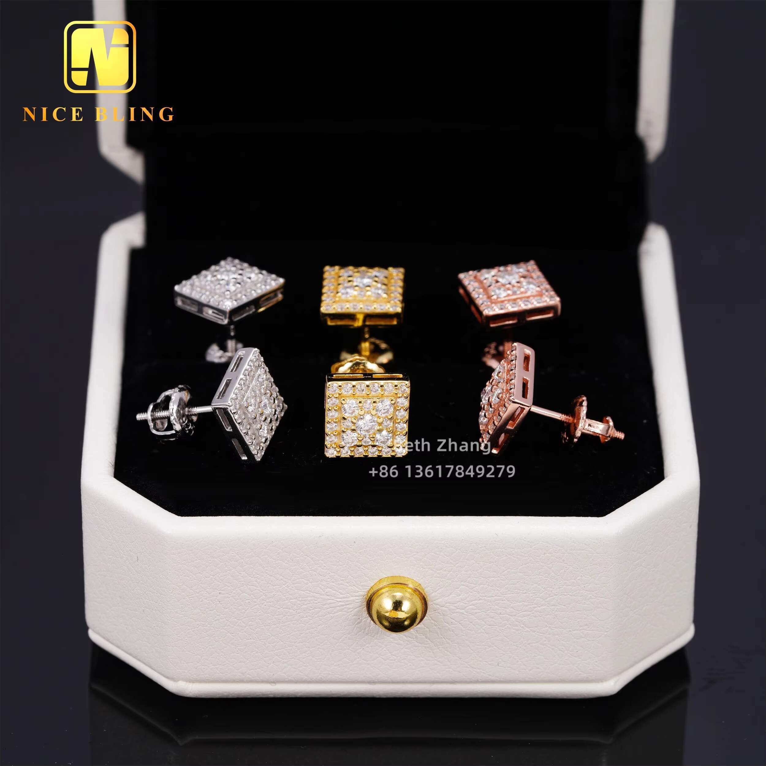 Fashion Hip Hop Jewelry 8MM Square Shape Earrings 925 Silver Moissanite Diamond Ear Studs for Men Women