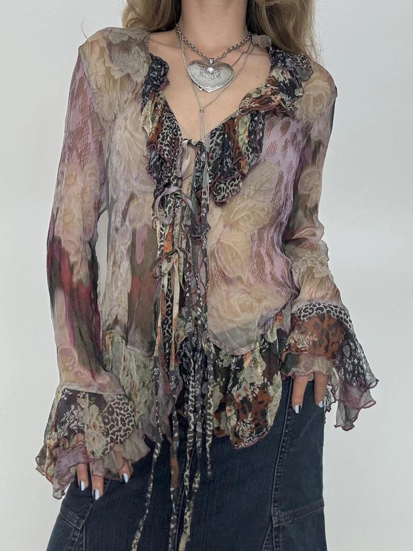 Vintage Floral Print Ruffles Mesh Shirts Women See Through Sexy Ruffle Sleeve Open Stitch Lace-Up Aesthetic Clothes 250428