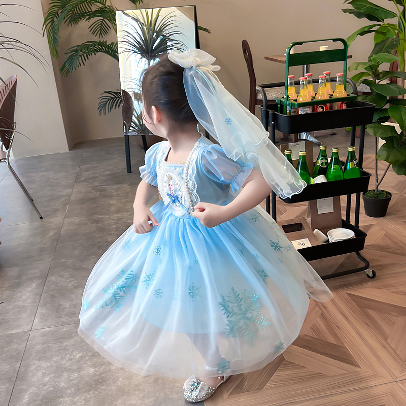 DISNEY Frozen Elsa Princess Baby Short Skirt Baby Chiffon Short Sleeve Dress Children's Party Dress Princess Dress