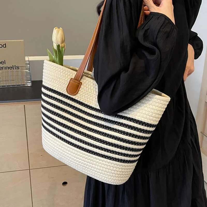 Striped Design Straw Tote Large Capacity Beach Boho Style Handbag Fulfilment Shopping Bag