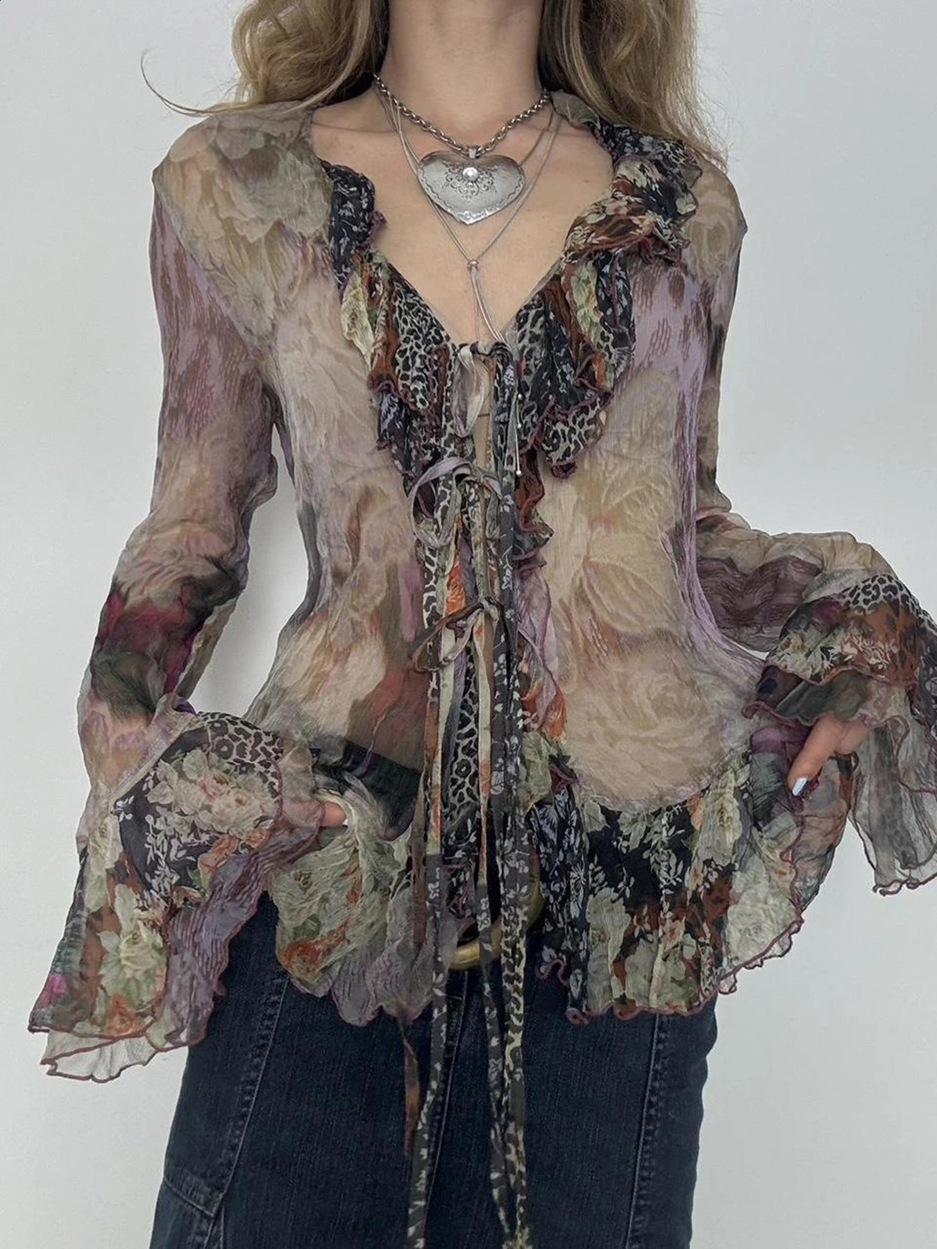 Vintage Floral Print Ruffles Mesh Shirts Women See Through Sexy Ruffle Sleeve Open Stitch Lace-Up Aesthetic Clothes 250428
