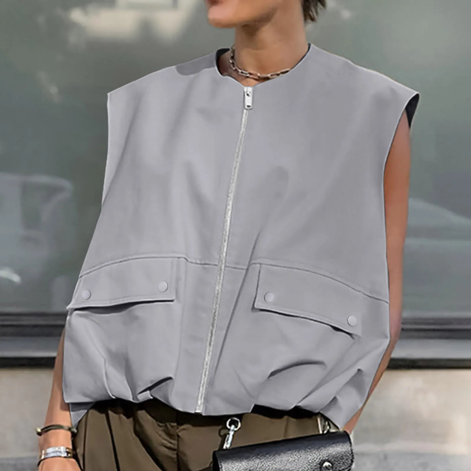 Womens cutting vest fashion Oneck zipper womens sleeveless loose Coats chic top summer street clothing 250430Z